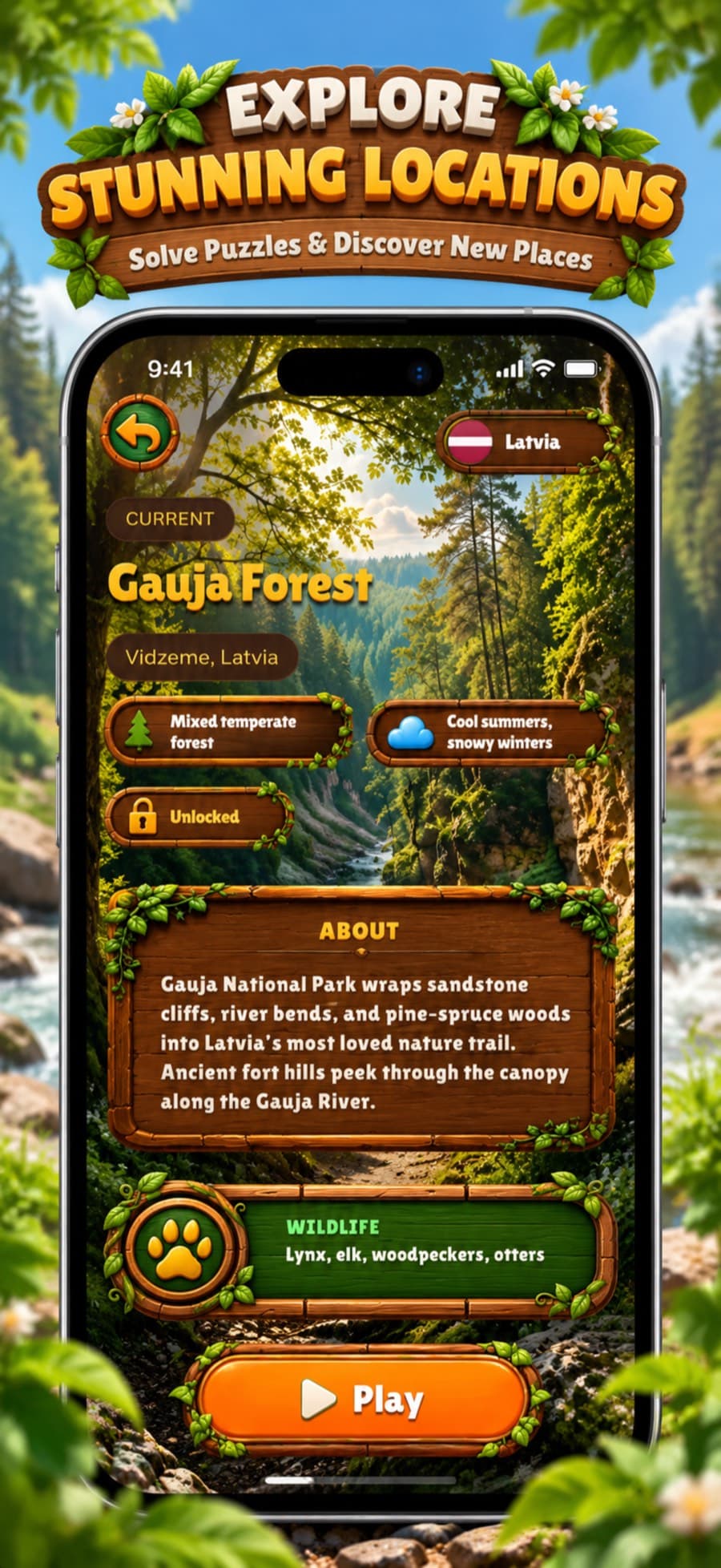 A phone showing the Gauja Forest page, with wildlife notes and a play button.