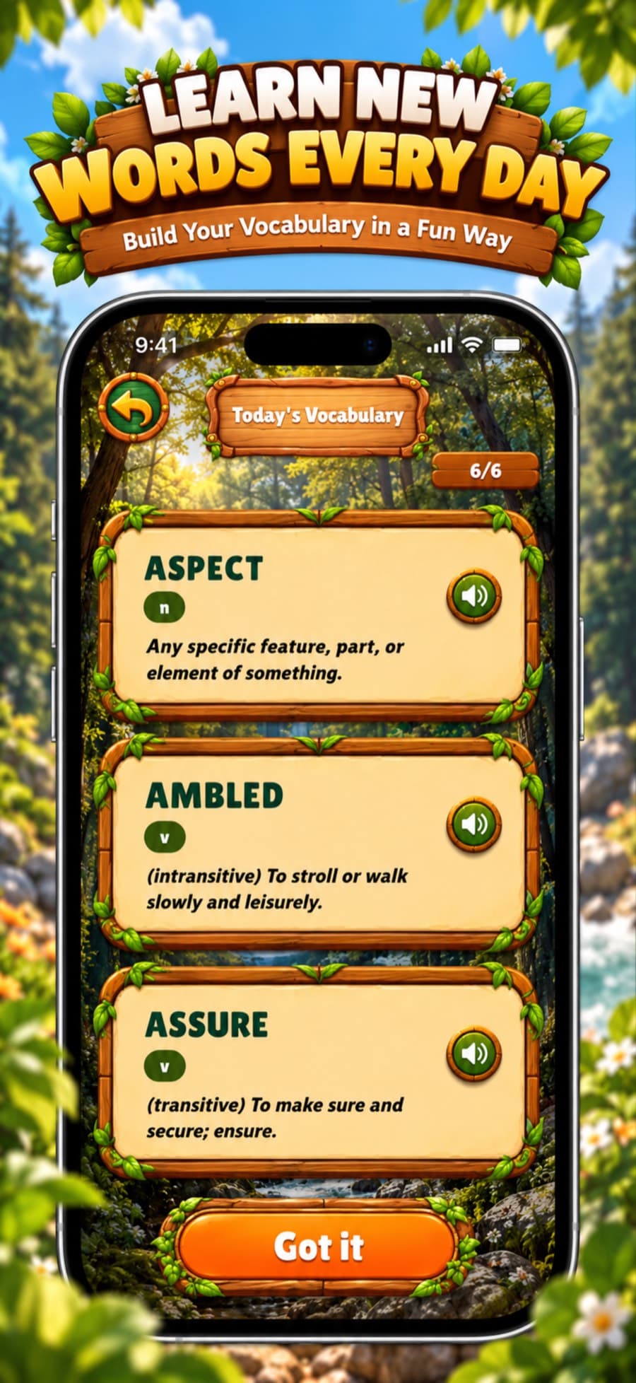 A phone showing Today's Vocabulary cards for Aspect, Ambled, and Assure.