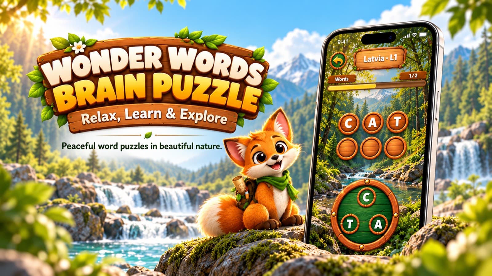 Wonder Words Brain Puzzle artwork with a fox, a waterfall, and a phone showing a word puzzle in Latvia.