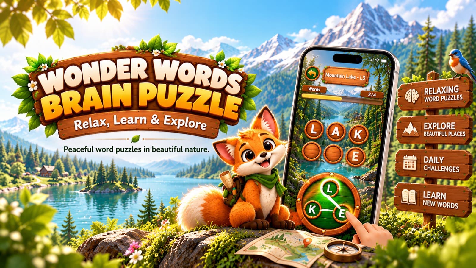 Wonder Words Brain Puzzle artwork with a mountain lake, a fox, and signs for puzzles, places, daily challenges, and new words.