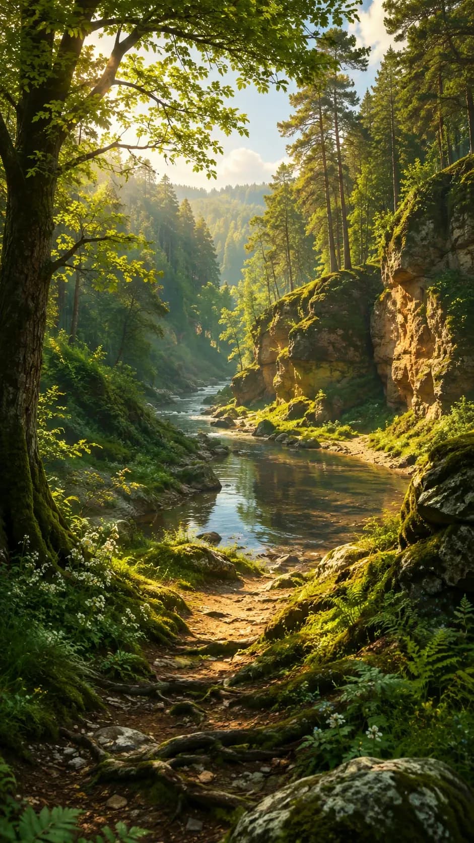 A sunlit forest path beside a river in Latvia.